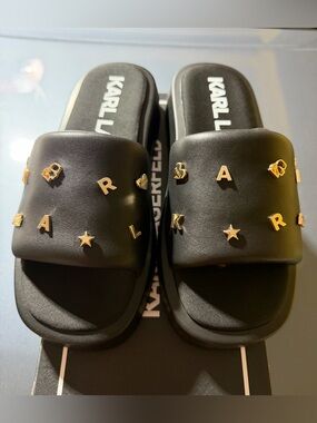 “New” Karl Lagerfeld Black Slides with Gold Letter Studs size8
